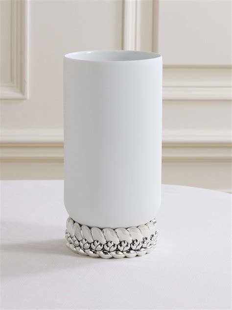 Christofle Babylone Large Silver Plated Embellished Porcelain Vase