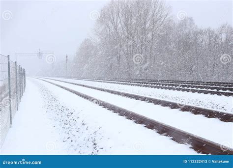 Snowy railway in winter. stock image. Image of country - 112332413