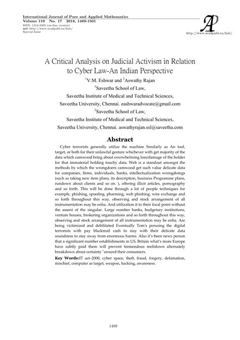 PDF A Critical Analysis On Judicial Activism In Relation To Cyber Law