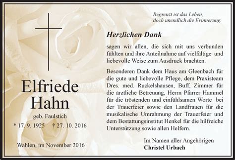 Traueranzeigen Von Elfriede Hahn Vrm Trauer De