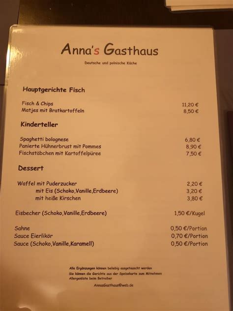 Speisekarte Von Anna S Gasthaus Restaurant Joachimsthal