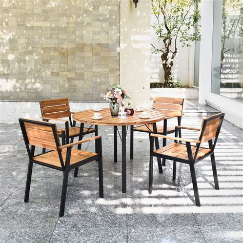 Small Wood Outdoor Dining Table Set for Patio or Pool with 4 Chairs and ...