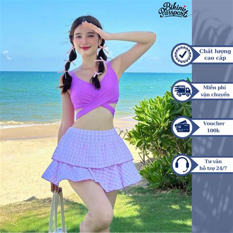 Đồ bơi Nữ BIKINI PASSPORT kiểu Hai mảnh váy áo nhiều tầng áo cột nơ màu Tím BS PP