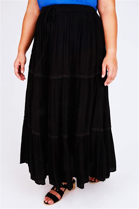 Black Gypsy Maxi Skirt With Crochet Detail Plus Size 14 To 36