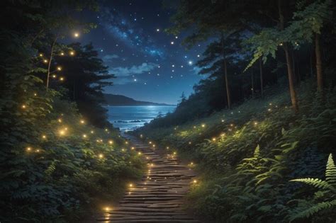 A path between forest and sea with stars in the night sky Forest Path ...