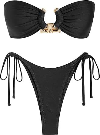 Amazon Zaful Women S Bandeau Bikini Set O Ring Strapless Swimsuit Tie Side Swimwear