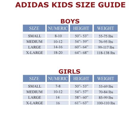 Adidas Size Chart For Kids