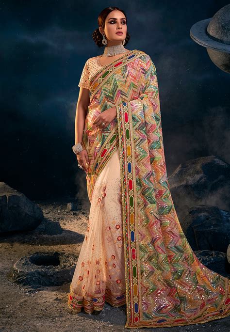 Net Saree With Blouse In Peach Colour