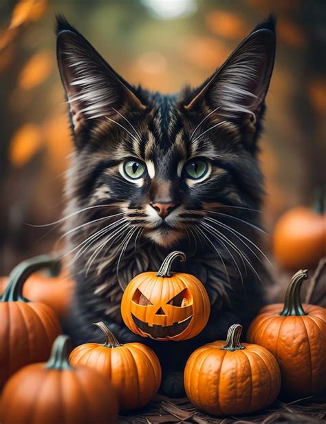 Premium Photo | Halloween pumpkins and cat in the dark forest at night Halloween scene