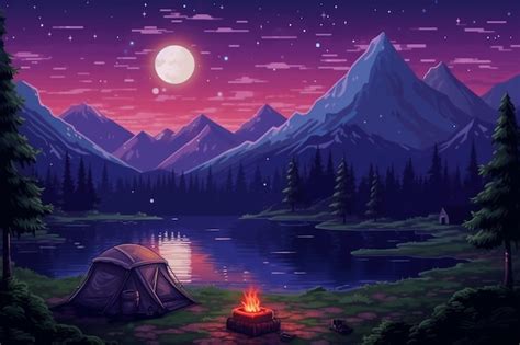 Premium Photo | Pixel art camping landscape with tent