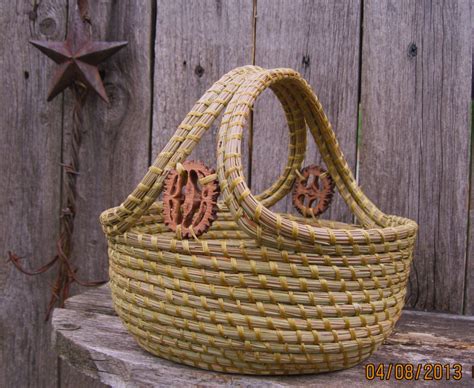 Coiled Pine Needle Basket With Double Handle And Walnut Slices 12500