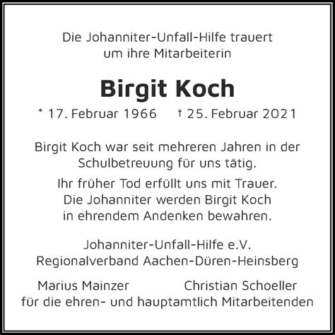 Traueranzeigen Von Birgit Koch Aachen Gedenkt