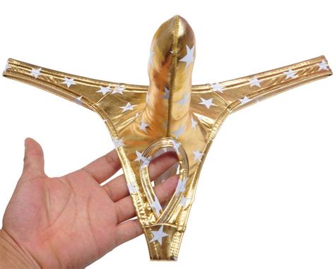 Men Shiny Stars T Back Ball Hole Faux Underwear Long Pouch Bikini Nuts Out Thong Mux