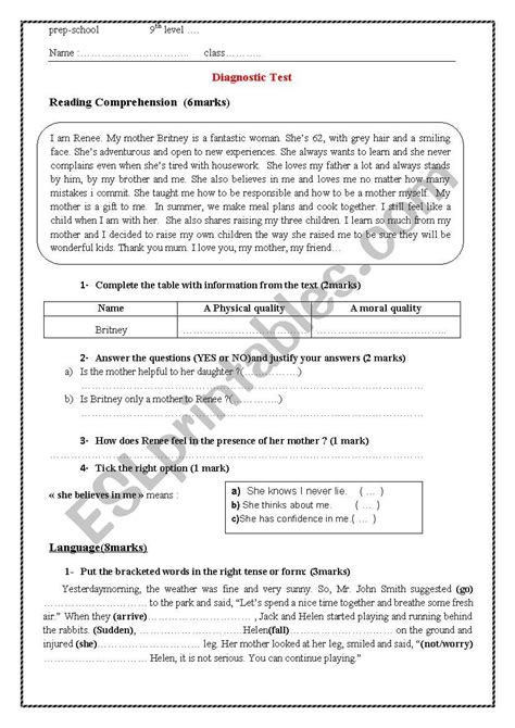 Diagnostic Test Reading Grammar And Writing 9 Year Esl Worksheet By