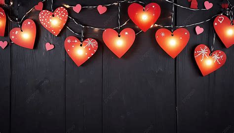 Happy Valentines Day Hearts With String Light On A Dark Wood Background