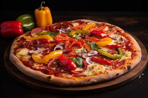 Premium Photo Pepperoni Pizza With Bell Peppers Tomato Olive And Cheese