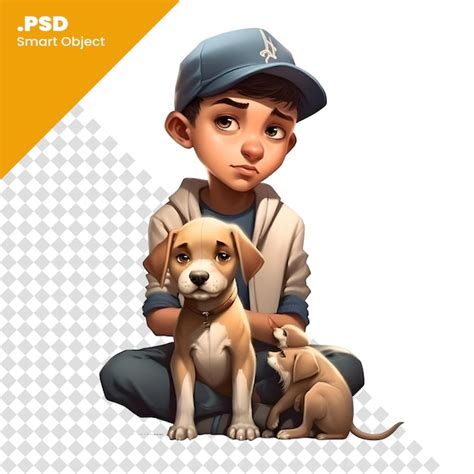 Menino um cachorro em um fundo branco3d renderização PSD modelo