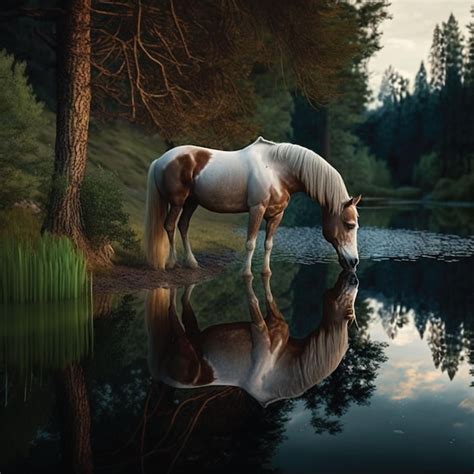 Un caballo bebiendo agua de un estanque con el reflejo de los árboles