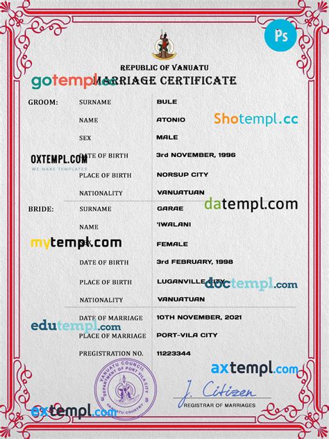 Vanuatu Marriage Certificate Psd Template Fully Editable