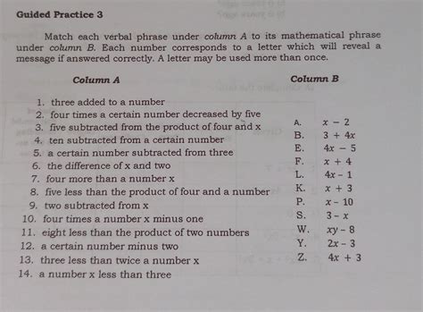 Guided Practice Match Each Verbal Phrase Under Column A To Its