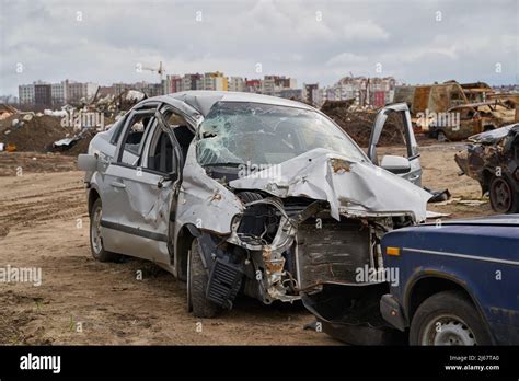 Russian Invasion Of Ukraine War Torn City Destroyed Car Burn Out