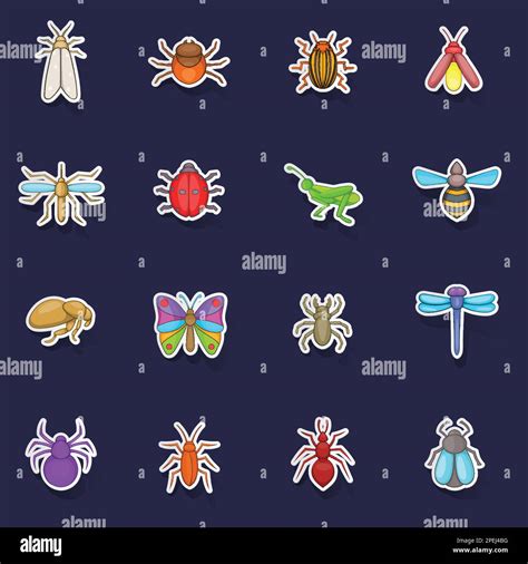 Insects Icons Set Stikers Collection Vector With Shadow On Purple