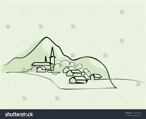 Continuous Line Drawing Landscape Village On Stock Vector Royalty Free