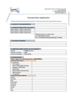 Fillable Online Incorporation Application Costa Rica Incorporation