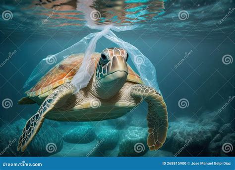 Sea Turtle Swimming with Plastic Bag. Underwater Animals Harm Made by ...