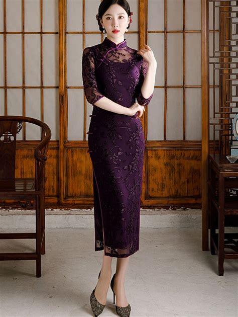 2021 Purple Velvet Maxi Qipao Cheongsam Dress CozyLadyWear