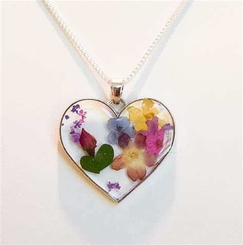 Real Dried Flower Necklace Heart Shaped Necklace Silver Flower