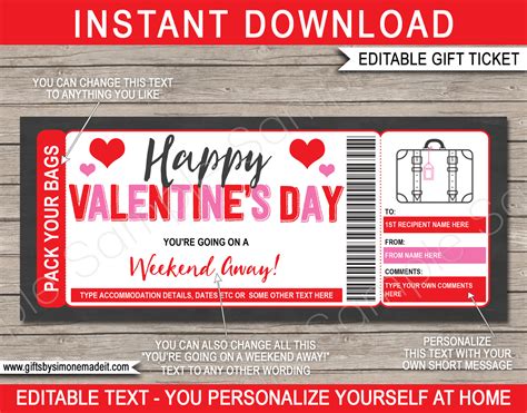 Valentines Weekend Getaway Voucher Template Printable Travel Ticket