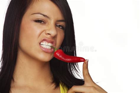Woman Holding Red Hot Chili Pepper Stock Image Image Of Antidote