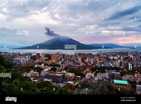 Kagoshima, Japan. View of mountain Sakurajima an active volcano. Aerial view of Kagoshima city ...