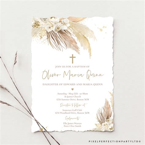 Editable Pampas Grass Baptism Invitation Bohemian Baptism Etsy Uk