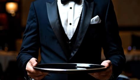 A Man In Tuxedo Holding Tray On Dark Background Premium AI Generated