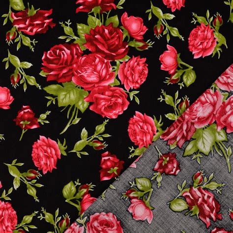 Tissu En Coton Lovely Rose Noir Rouge Tissus Hemmers