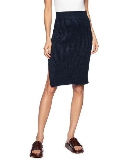 Saia Tricot Midi Com Fenda Lateral Basiq Azul Oqvestir