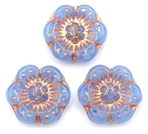 3pc 14mm Czech Pressed Glass Daisy Flower Bead Blue Opal Rose Gold