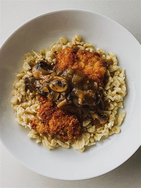 [homemade] Chicken Schnitzel Spaetzle Mushroom Gravy R Food