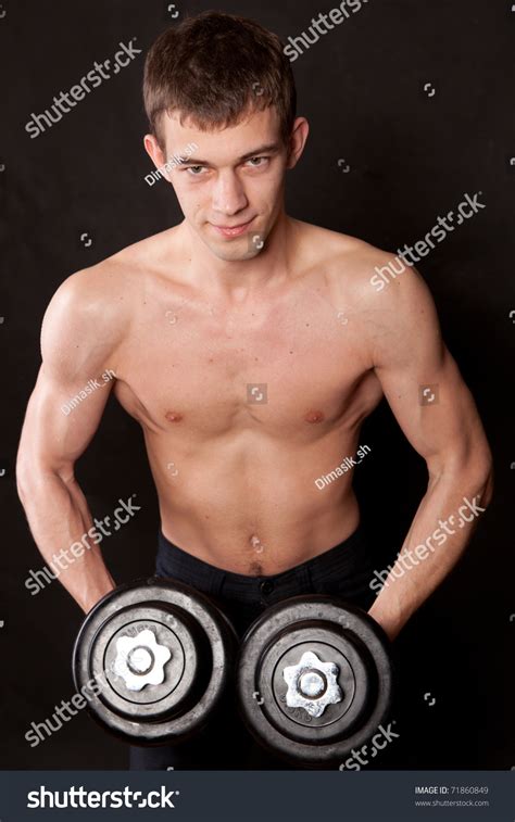 Portrait Energetic Naked Man Lifting Dumbbell Stock Photo Shutterstock