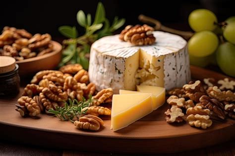 Premium AI Image | Cheese and walnuts on a wooden board shown close up