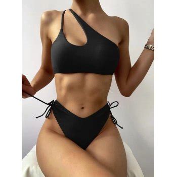 Emmiol Free Shipping 2024 One Shoulder Lace Up Bikini Set Black L In