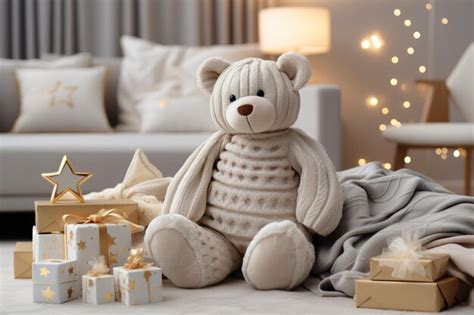 Premium Ai Image A Teddy Bear Sits On A Bed With A Christmas Tree In