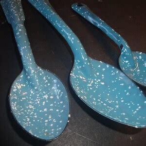 3 Vintage Blue Speckled Graniteware Enamel Ware Mixing Spoons For Camp