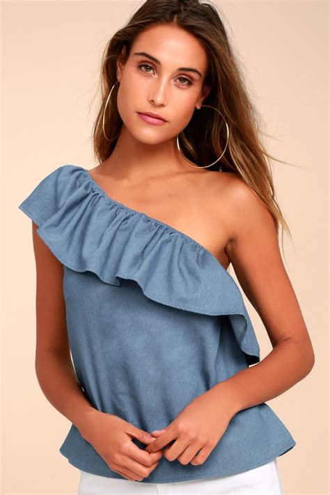 Cute Blue Tops Chambray Top One Shoulder Top 36 00 Lulus