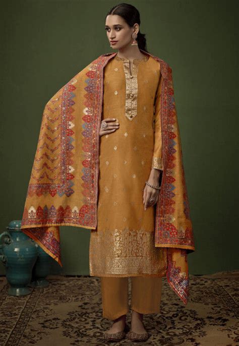 Buy Woven Art Silk Jacquard Pakistani Suit In Mustard Online KVG352