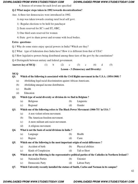 Cbse Class 10 Social Science Mcqs For Democracy And Diversity Pdf