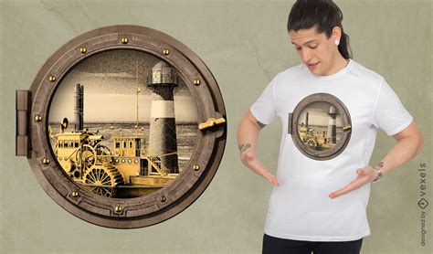 Descarga Vector De Diseño De Camiseta De Ventana De Barco Steampunk