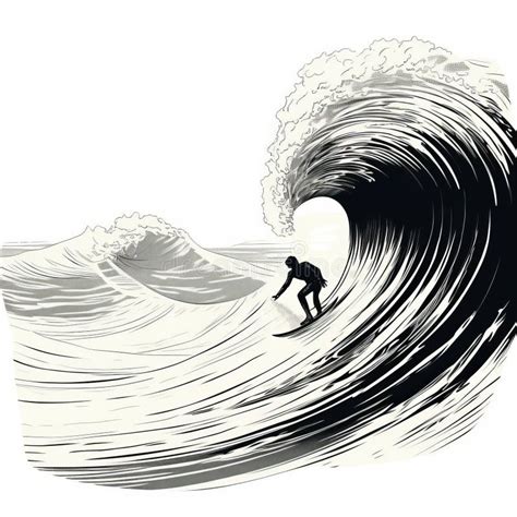 Surfer Riding Ocean Wave Illustrative Chiaroscuro Woodcut Art Stock